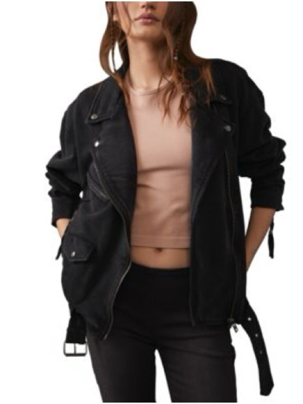 We The Free Rebel Knit Moto Jacket Oversized Black Washed Bomber